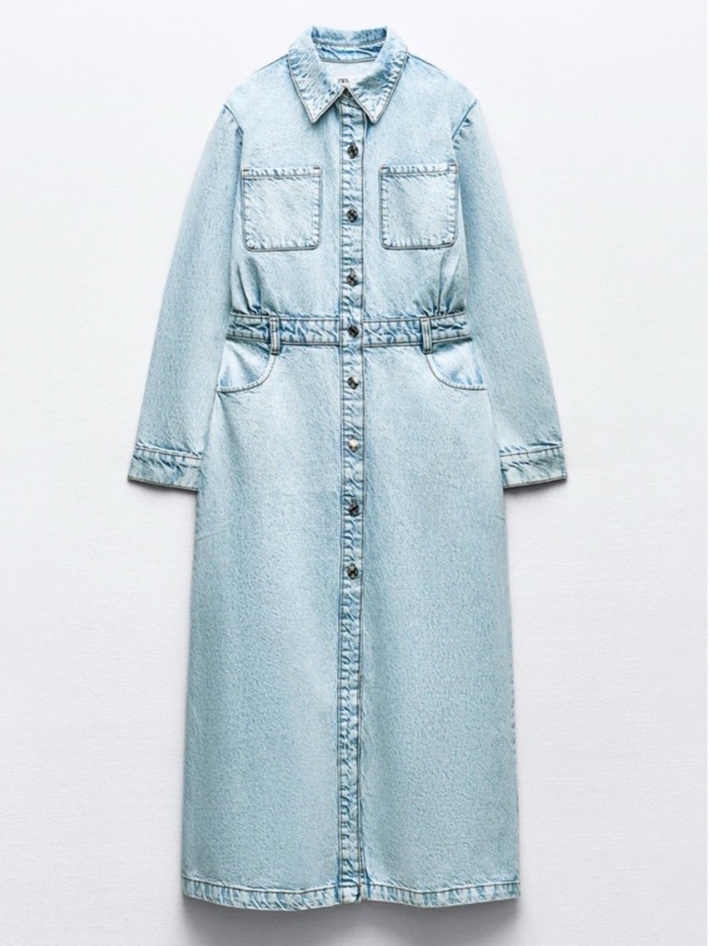 Zara Light Wash Denim Maxi Dress Jacket Duster Style Bloggers Fave Blue